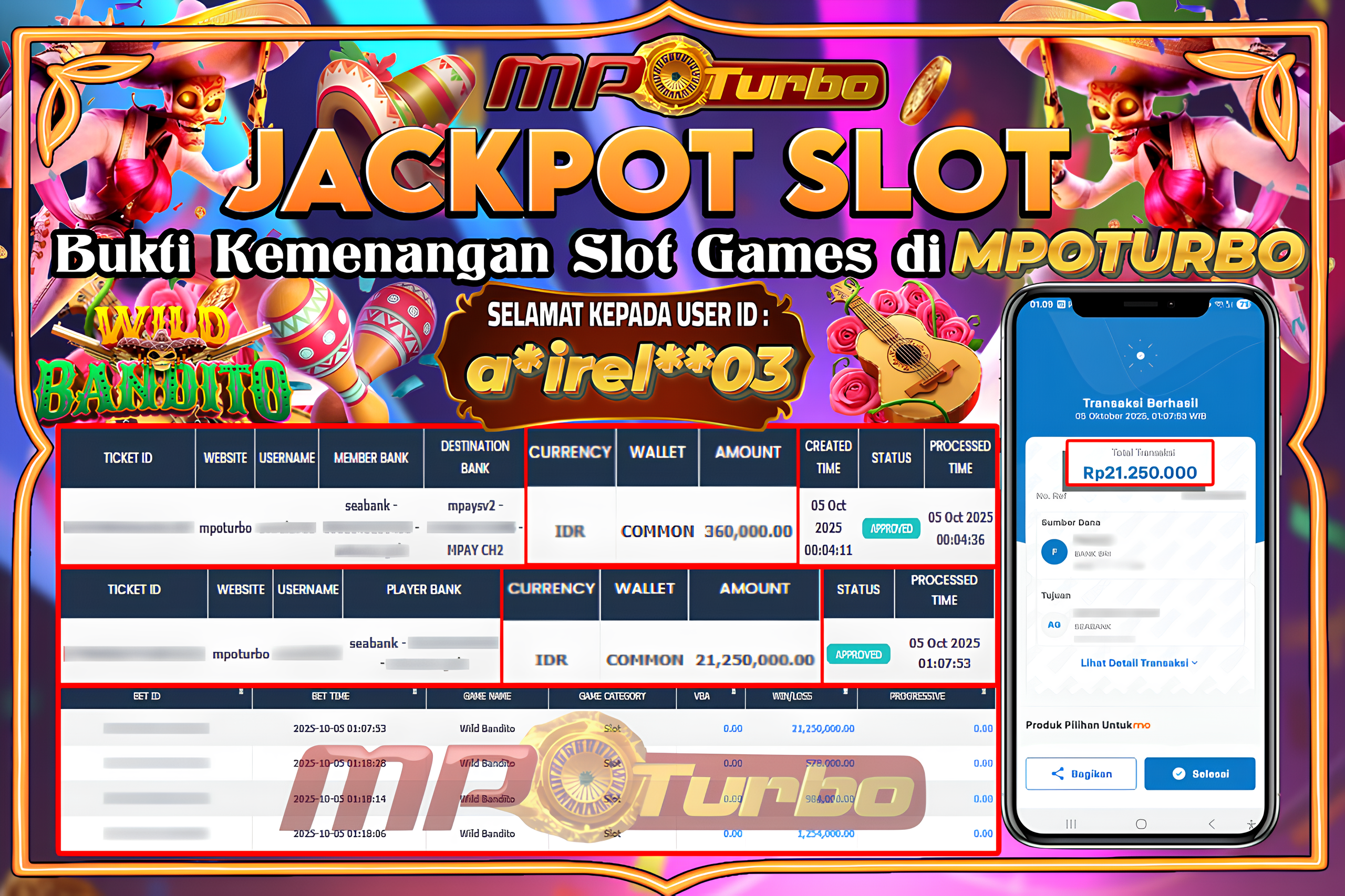 MPOTURBO JACKPOT SLOT WILD BANDITO - PG SOFT Rp 21,250,000.00,- LUNAS